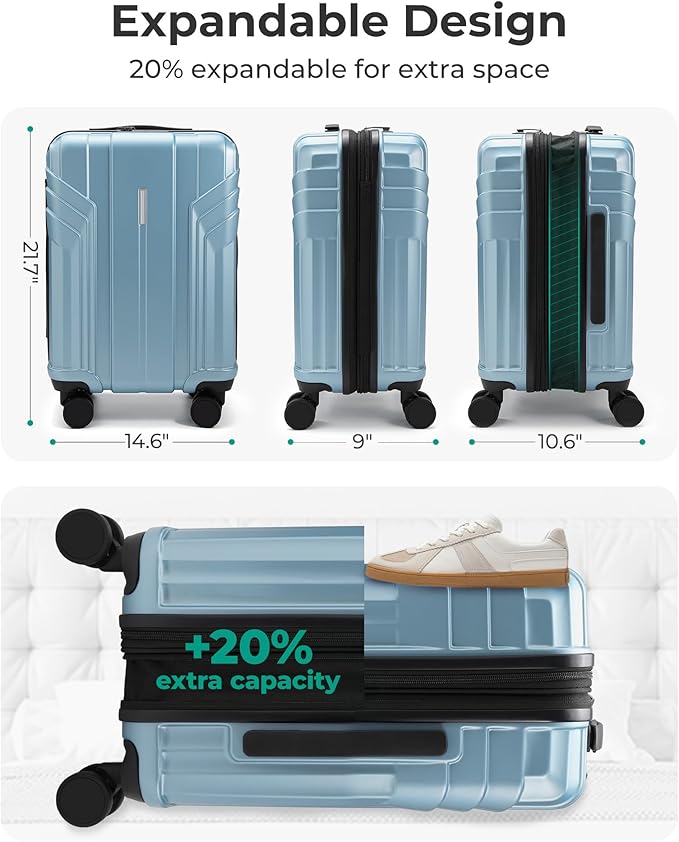 BAGSMART Expandable Carry On Luggage 22x14x9 Airline Approved, 20 Inch Travel Luggage with Spinner Wheels, Lightweight Hard Shell Suitcase Carry on Airy Blue