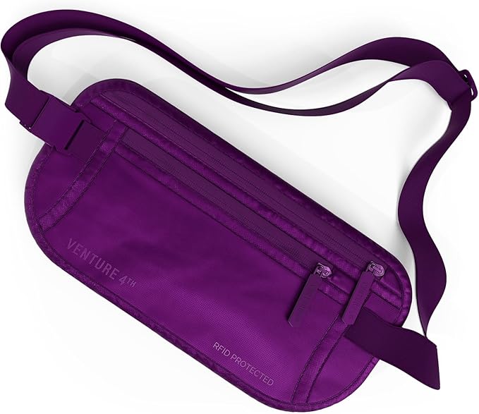 VENTURE 4TH Money Belt for Travel – Slim Hidden Under-Clothes RFID Blocking Anti-Theft Passport Holder & Travel Wallet Pouch for Men & Women to Protect Cash, Cards & Documents (Sleek Purple)