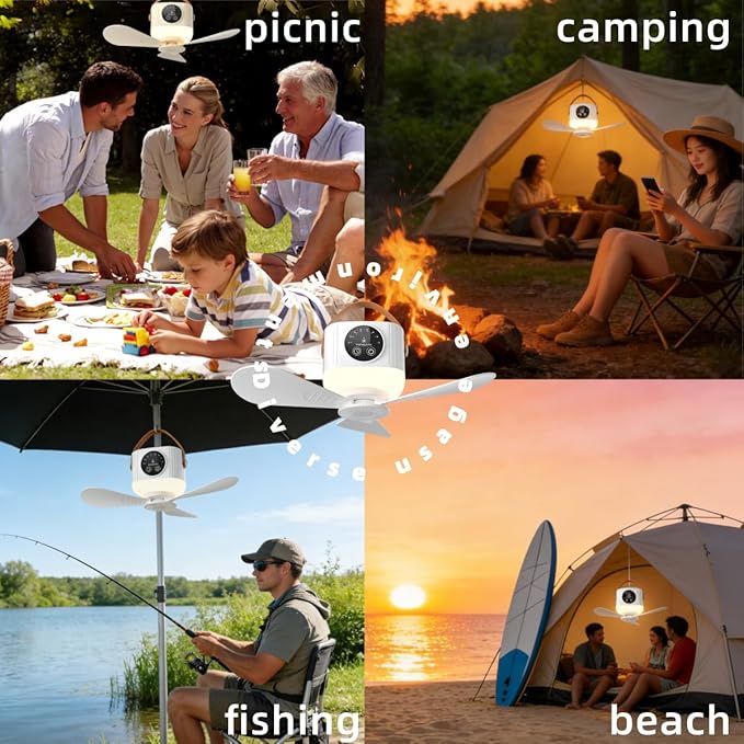 Battery Operated Ceiling Fan&desktop fan 11" PortableCamping RV Tent Fan with Light & Remote - Hanging & desktop Rechargeable Remote Fans for Gazebo Patio Canopy BeachDormitory Bedroom