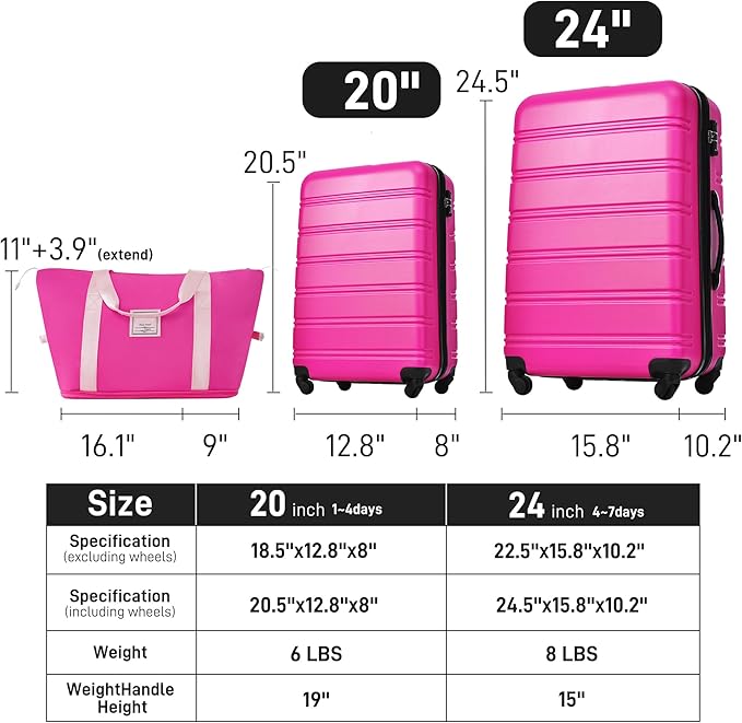 2 Piece Luggage Sets with Travel Bag, Lightweight Expandable Checked Luggage Sets, Hardshell ABS Spinner Wheels Carry on Suitcase with TSA Lock, for Travel, Women Men, 20 IN&24IN, Pink