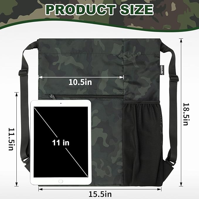 HOLYLUCK Men & Women Outdoor Sport Gym Sack Waterproof Drawstring Backpack Bag (Standard with width webbing, Black Camo-1)