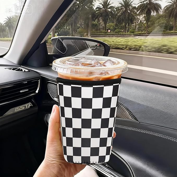 Reusable Insulated Neoprene Iced Coffee Cup Sleeve, Durable Drink Sleeve for Cold Beverages, Beverage Holder for Iced Coffee, Multi-Tone Checkers