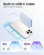 VIYISI Slim Portable Charger Power Bank 10000mAh, PD 20W Fast Charging Compact Battery Pack with Built-in USB C Cable, Travel Essential Compatible with iPhone 17 16 15, Samsung, Android - Blue