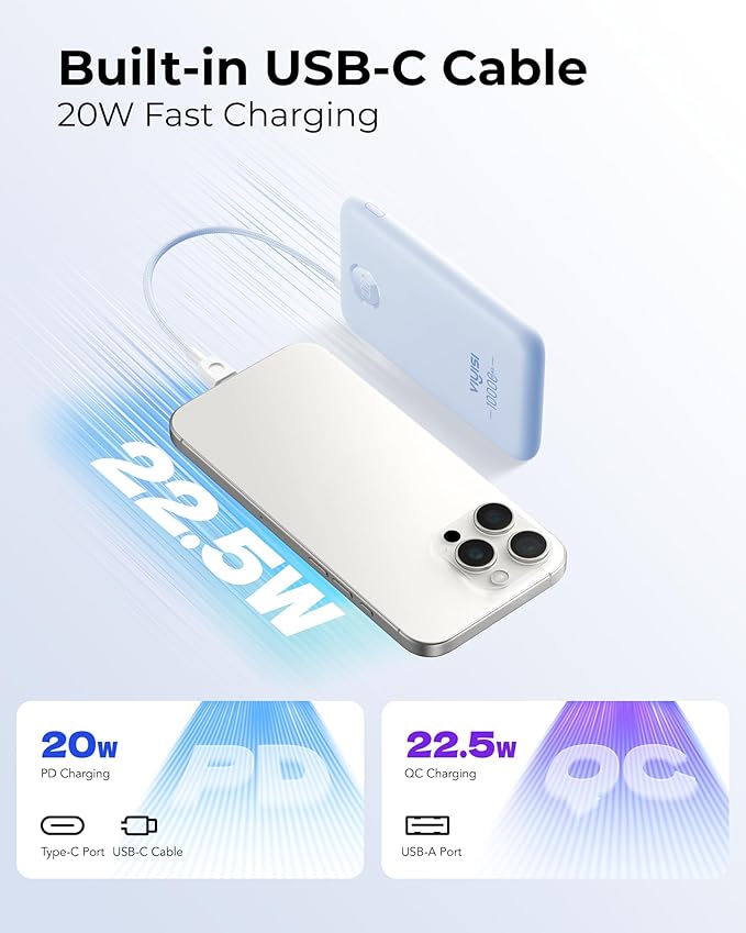 VIYISI Slim Portable Charger Power Bank 10000mAh, PD 20W Fast Charging Compact Battery Pack with Built-in USB C Cable, Travel Essential Compatible with iPhone 17 16 15, Samsung, Android - Blue