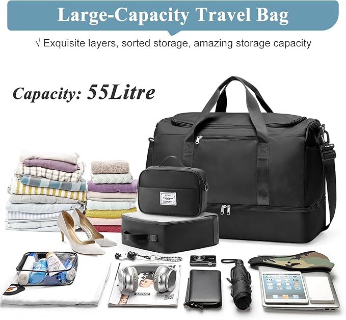 Extra Large Travel Duffle Bag,Carry on Overnight Weekend Bag with Shoes Compartment,Weekender Bags for Women for Travel Business Trips Sport Hospital,3 Pcs Set,Black