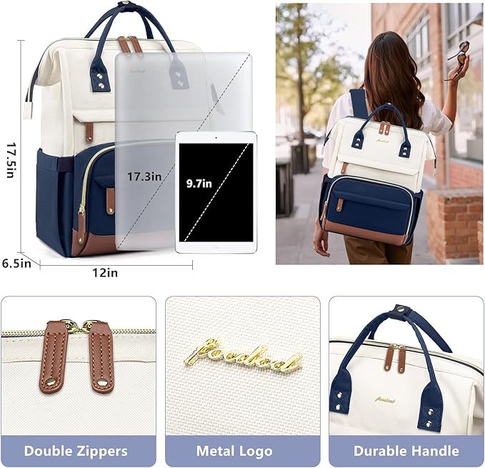 Focdod Laptop Backpack for Womem Work Bags: 17.3 Inch Travel BackPacks With USB Charging Port Anti Theft Fashion College BookBag Durable Back Pack Purse Bussiness Daypack for Nurse Teacher Navy Beige