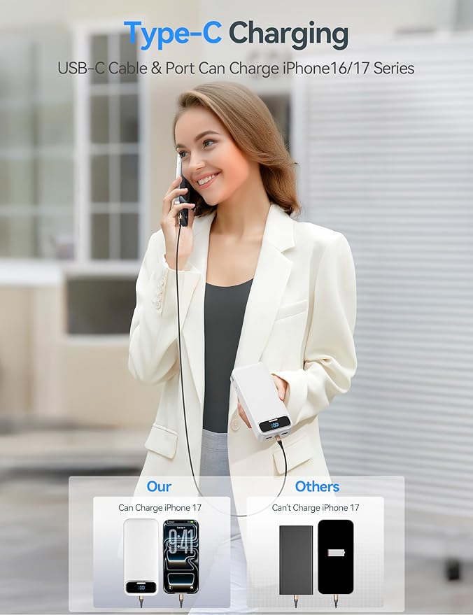 20000mAh Lightweight-Portable-Charger-Power-Bank with Built-in Cables and AC Wall Plug, PD20W USB-C Fast Charging Battery Pack, LED Display External Travel Phone Charger for All iPhone,Samsung,Android