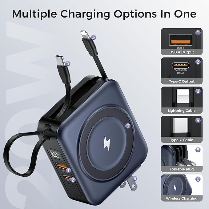 6-in-1 Magnetic Wireless Portable Charger 10000mAh – 22.5W Fast Charging with AC Wall Plug Built-in USB-C & Lightning Cables for iPhone 17/16/15/14/13/12, Android & Samsung(Deep Blue)
