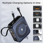 6-in-1 Magnetic Wireless Portable Charger 10000mAh – 22.5W Fast Charging with AC Wall Plug Built-in USB-C & Lightning Cables for iPhone 17/16/15/14/13/12, Android & Samsung(Deep Blue)