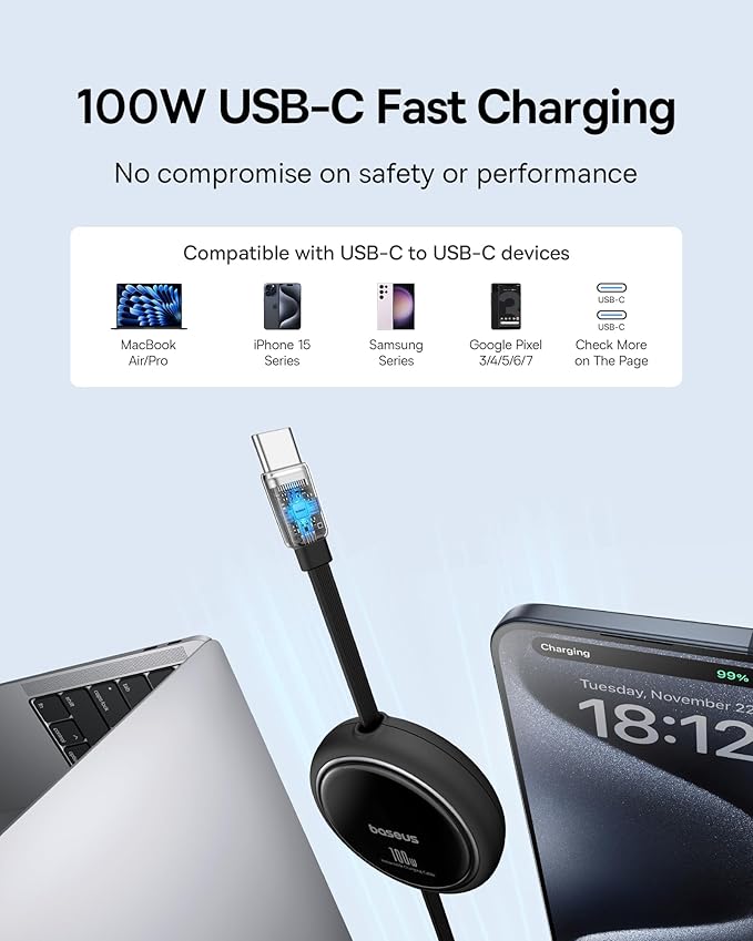 Baseus Picogo Power Bank, 0.3" Ultra Slim 5000mAh MagSafe Portable Charger, Card-Size Magnetic Battery Pack USBC to USBC Cable, 100W Retractable USB C 5A Fast Charging Cable