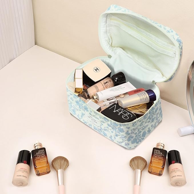 Gosect Large Makeup Bag, Cute Cosmetic Bag for Women Girls, Floral Coquette Aesthetic Toiletry Bag, Travel Make Up Organizer Bag (Blue Butterfly)