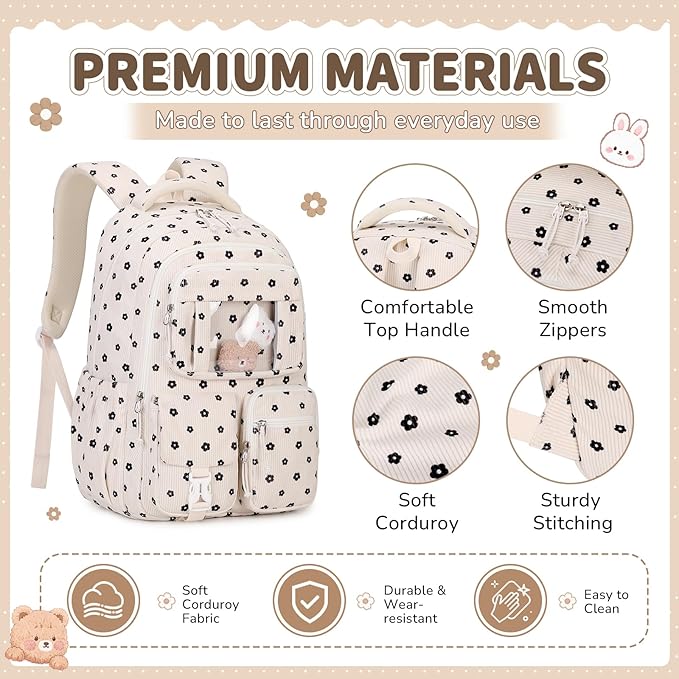 PIG PIG GIRL Corduroy Backpack 3PCS Kids Backpack for Girls School Bags for Middle School Students Book Bag for Elementary Primary Kawaii Ita Backpack with Lunch Box Pencil Case Set, Flower