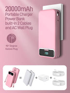 Portable Charger, 20000mAh 22.5W Fast Charging Power Bank with Built-in Cables & Wall Plug, Travel Essential External Battery Pack with LED Display, USB C Battery Phone Charger for iPhone Samsung Pink