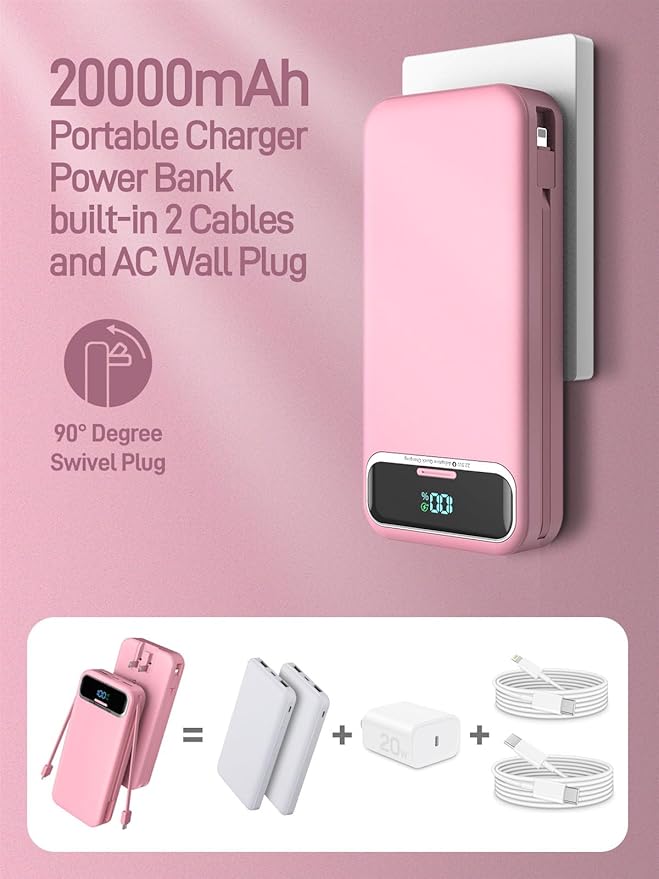 Portable Charger, 20000mAh 22.5W Fast Charging Power Bank with Built-in Cables & Wall Plug, Travel Essential External Battery Pack with LED Display, USB C Battery Phone Charger for iPhone Samsung Pink