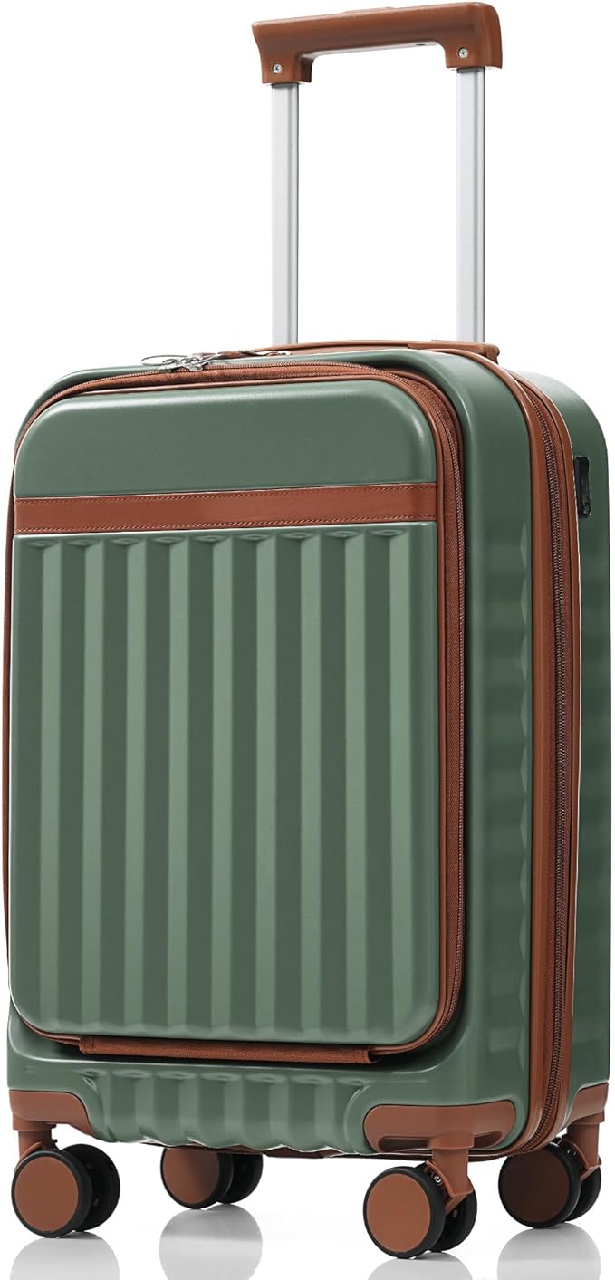 Merax 3 Piece Luggage Set ABS Hardside Suitcase Sets with Spinner Wheels and TSA Lock, 20 inch with Front Opening Design and USB Port, 20" Airline Certified Carry-on Luggage, 20" 24" 28", Green