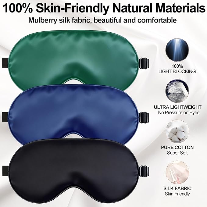 Sleep Mask, Silk Eye Mask for Sleeping with Adjustable Strap, Blindfold Eyeshade for Men & Women, Comfortable & Soft Eye Cover Eyeshade for Night Sleep（Black&Blue&Green&1 Laundry Bag）