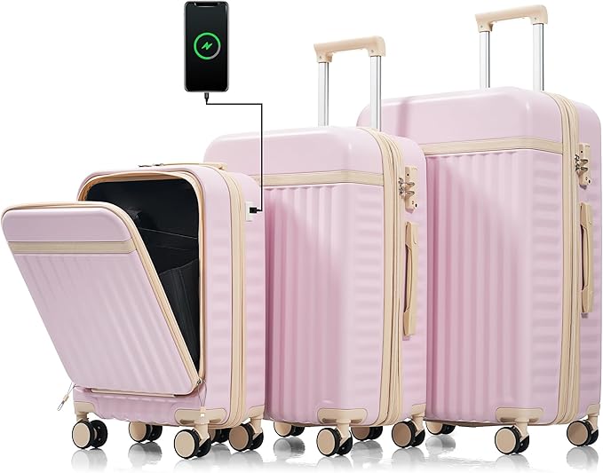 Merax 3 Piece Luggage Set ABS Hardside Suitcase Sets with Spinner Wheels and TSA Lock, 20 inch with Front Opening Design and USB Port, 20" Airline Certified Carry-on Luggage, 20" 24" 28", Light Pink