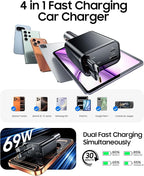 Retractable Car Charger, 4 in 1 Fast Charger USB C Car Truck Accessories, Travel Essentials Gifts for Women Men, Car Accessories for iPhone 17 Pro Max Air 16 15 14 13 Plus,Galaxy,Pixel-Black