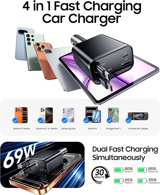 Retractable Car Charger, 4 in 1 Fast Charger USB C Car Truck Accessories, Travel Essentials Gifts for Women Men, Car Accessories for iPhone 17 Pro Max Air 16 15 14 13 Plus,Galaxy,Pixel-Black