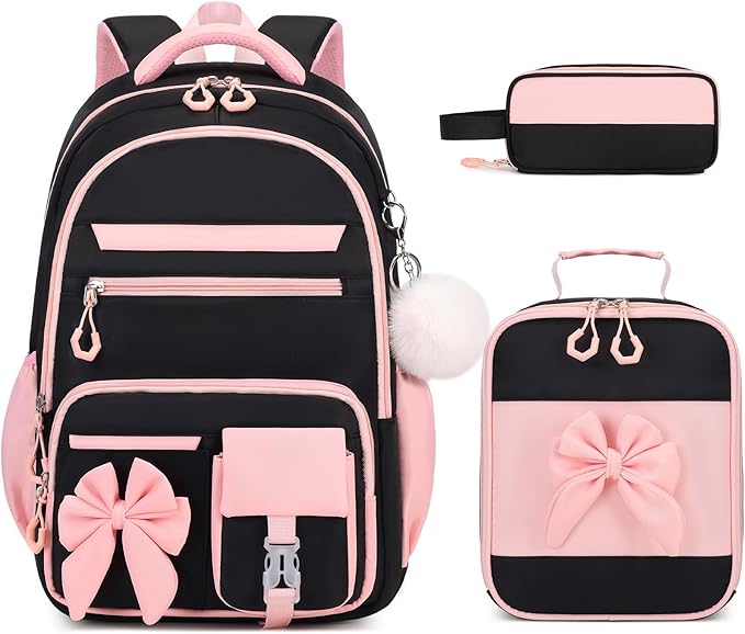 DIGOBAY Backpack for Girls, 3PCS Girls Backpack for School with Lunch Bag Pencil Case, Cute Kids Teens Bookbag for Kindergarten Elementary Preschool Middle School (Black-Pink)
