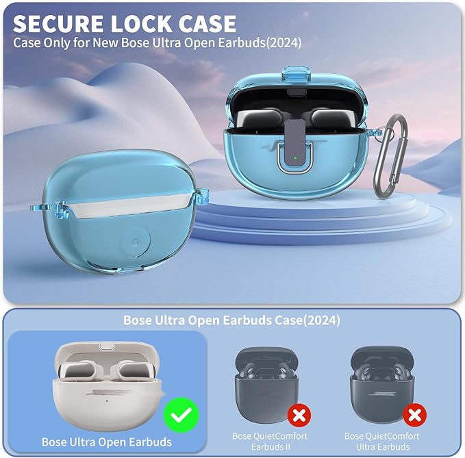 [Secure Lock] for Bose Ultra Open Earbuds Case(2024), TUDIOW Clear TPU Shockproof Protective Cover for Bose Open Ear Wireless Earbuds Accessories with Cleaning Kit& Keychain (Clear Blue)