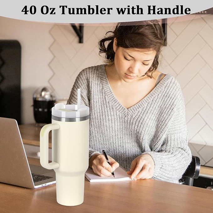 4 Pack 40 Oz Tumbler with Handle Bulk, Double Wall Vacuum Insulated Stainless Steel Tumbler with Lid and Straw, 40 oz cup with Silicone Spill Proof Stopper Set (Cream)