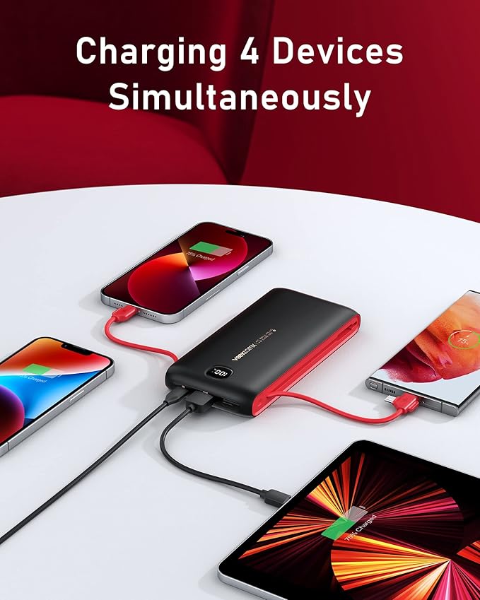 VEEKTOMX Portable Charger with Built in Cables 20000mAh, Power Bank for iPhone with AC Wall Plug, Fast Charging USB C Slim Battery Pack with LED Display Compatible with iPhone 17/16/15, Samsung