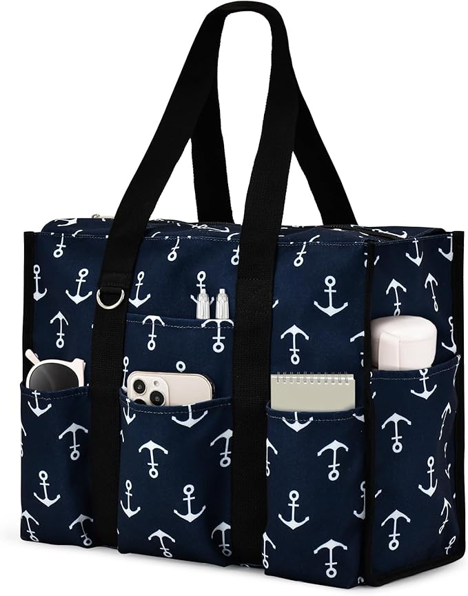 Becokan Large Tote Bag for Women Waterproof with 12 Pockets Top Zipper Closure Utility Teacher Nurse Bags for Work School