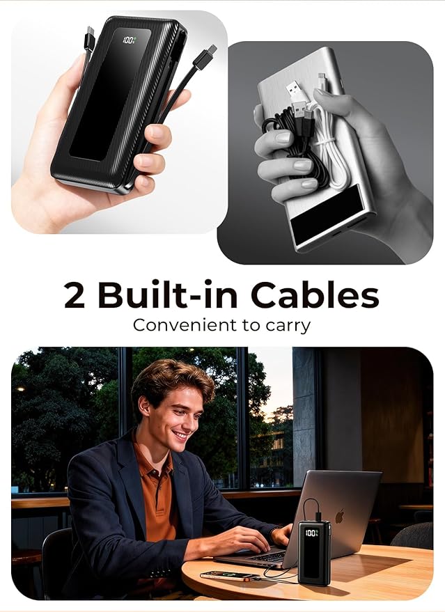 Power Bank, 50000mAh Portable Charger, Travel Camping Essential Battery Pack with Built-in Cables, PD 22.5W Fast Charging, Large Capacity Portable Phone Charger, Jet Black