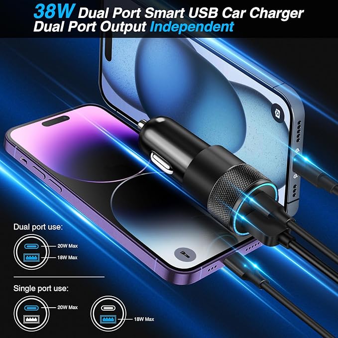 USB C Car Charger, 5 Pack 38W Dual Ports USB-C & USB-A Cigarette Lighter Adapter Fast Charging Car Phone Charger for iPhone 17 Pro Max 16 16e 15 14, Samsung S24, Pixel Cargador para Carro Phone Plug