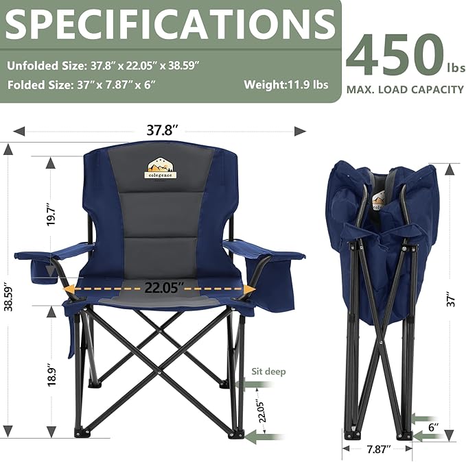 Colegence Oversized Folding Camping Chairs - 450 LBS Support Heavy Duty Camp Chair with Padded Cushion, Portable Outside Chairs with Carry Bag，Cooler, Cup Holder for Outdoor, Lawn, Sports - Blue