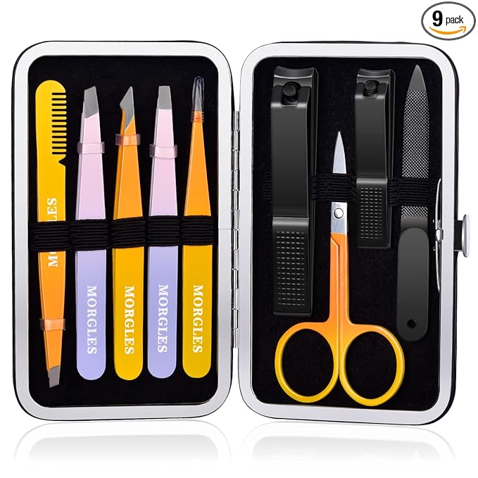 MORGLES Tweezers Set, Professional Nail Clippers and Tweezer Kit for Women and Men with Leather Travel Case, 9 Pack