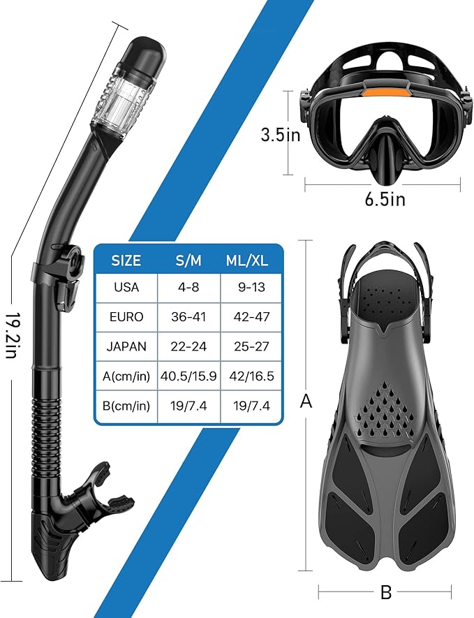 Ubekezele Snorkeling Gear for Adults Men Women,4 in 1 Snorkel Set with Panoramic View Diving Mask Anti-Fog Anti-Leak,Dry Top Snorkel,Fins and Travel Bag for Swimming,Snorkeling and Travel Diving