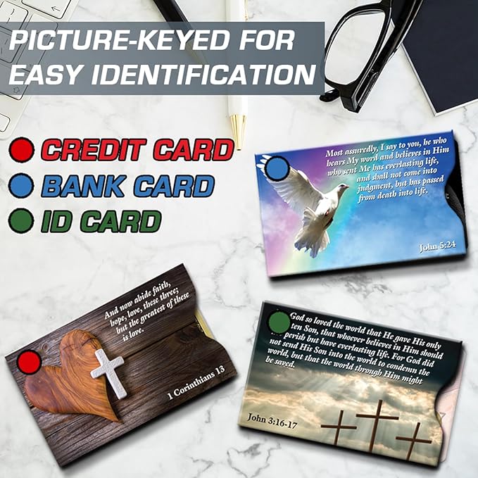 RFID Blocking Credit Card Sleeve Protectors – USA Made Slim Wallet Inserts for Credit Cards, Debit Cards & ID Protection (16, Faith - 16 Pack)
