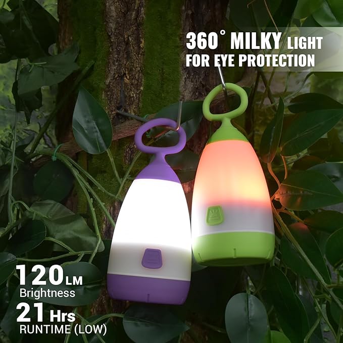 Kids Camping Lantern & Night Light Battery Powered, 360° Eye-Safe Light (AAA Included), IPX4 with RGB Modes Portable for Outdoor, Emergency , Gift for Children (Purple+Green 2 Pack)