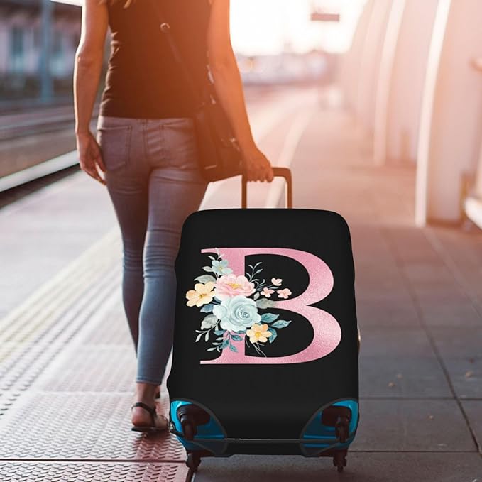 B Alphabet Design Custom Travel Luggage Cover Tag Set TSA Approved Vintage Letter Print Suitcase Protector Men Women (M 22-25 Inch Luggage)