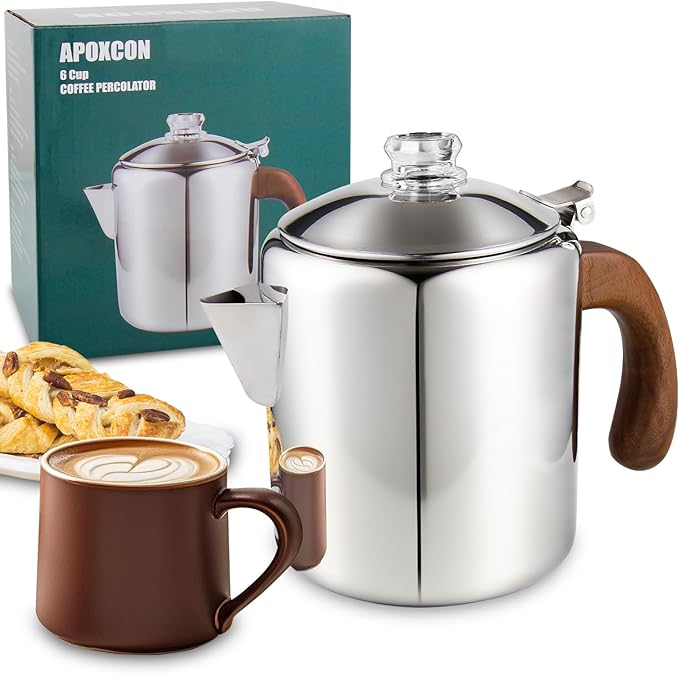 APOXCON Coffee Percolator Stainless Steel Coffee Maker with Fireproof Solid Wood Handle & Tough Glass Clear Brew Progress Knob Camping Coffee Pot Using on any Stovetop NO Aluminum NO Plastic (6 Cup)