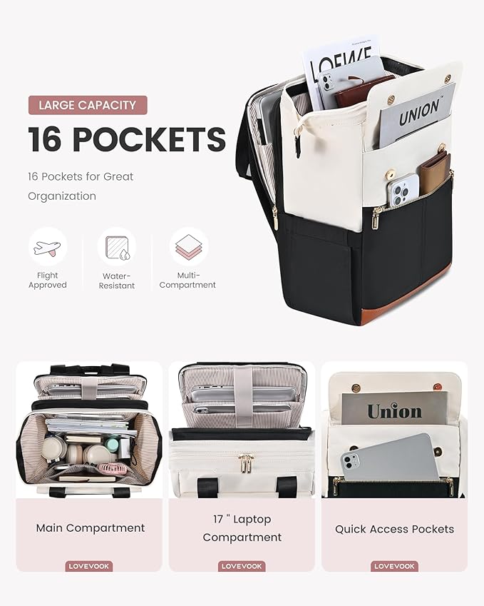 LOVEVOOK 17.3 Inch Laptop Backpack for Women, Large Capacity Travel Backpack with Organizer Bag, Waterproof Carry on Backpack Work Bag with USB Port, Teacher Nurse Backpack Purse, 2PCS