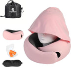 Travel Pillow - Hooded Neck Pillow Airplane Memory Foam Filling for Plane, Office, Cars Sleeping, Road Trip, Long Flights, Airplane Travel Essentials, Includes Eye Mask & Earplugs (Pink)
