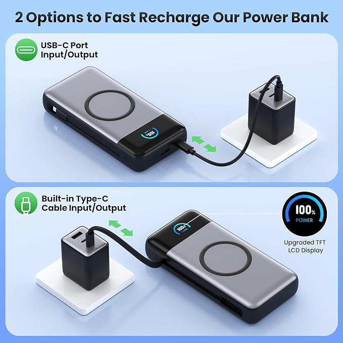 Wireless Portable Charger 40,800mAh with Built-in Cables,15W Wireless Charging 25W PD QC4.0 Fast Charging USB-C Power Bank,Travel Essentials External Battery Pack for iPhone 17/16/15/14,Galaxy,Android