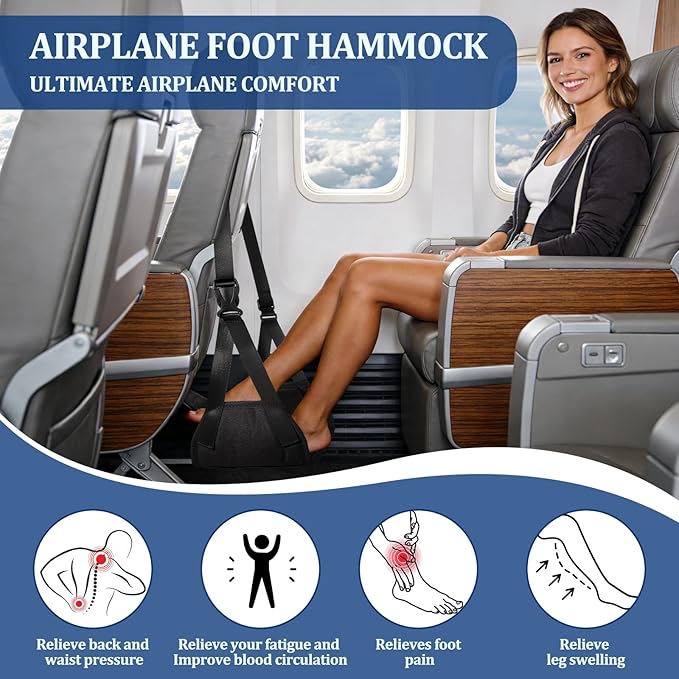 Airplane Foot Hammock, Travel Essentials Thickened Bamboo Foot Rest for Plane Travel with Adjustment Strap, Long Flight Must Haves (1-pcs Black)