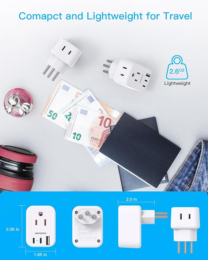 HANYCONY Brazil Power Adapter, Type N Plug Adapter with 2 Outlets 3 USB Ports (2 USB C), Travel Adapter for US to Brazil Brazilian Brasil