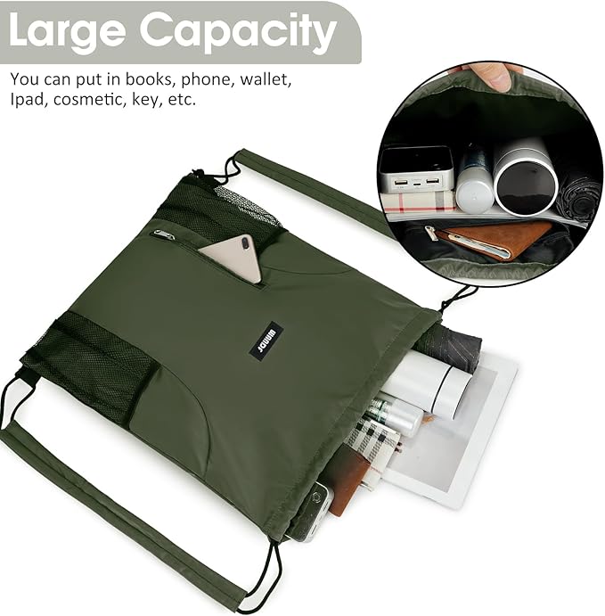 WANDF Drawstring Backpack with Shoulder Pad Sports Gym Backpack with Mesh Pocket String Bag for Women Men(Dark green)