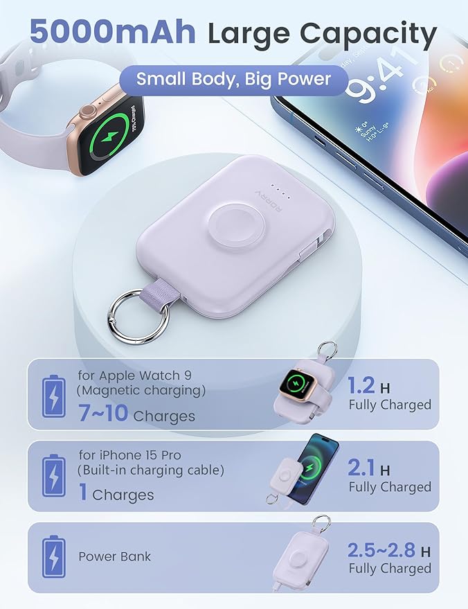 RORRY CharmGo Portable Charger, 5000mAh Portable Charger Power Bank with Built-in Cables, Travel Keychain Battery Pack for Apple Watch and iPhone Air/17/16/15/14/13/12, Purple