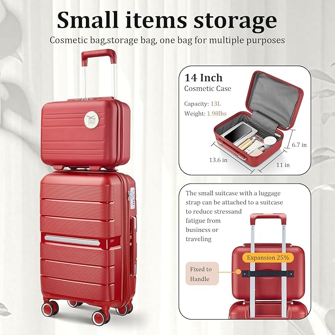 4 Piece Luggage Set, Hardside Expandable Lightweight Suitcase with 360° Mute Spinner Wheels Luggage Sets, TSA Lock, 14/20/24/28 Inch Travel Luggage for Men, Women and Girls (Wine Red 2)
