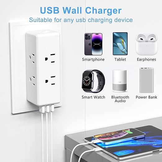 Surge Protector Outlet Extender, 6 AC Outlets & 3 USB Ports (3.1A), 2700J ETL Listed, Triple-Sided Wide-Spaced, 1875W 15A, Flame Retardant ABS+PC, for Home Office Kitchen Bedroom (White)