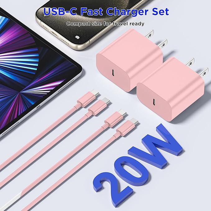 iPhone 17 16 15 Charger Fast Charging,2Pack 20W Apple iPad USB C Wall Chrager Block with 6FT USB C to C Cable for iPhone 17/Pro/Pro Max/17 Air/ 16/16 Pro/16 Pro Max/15/Plus/Pro/Pro Max (Pink)