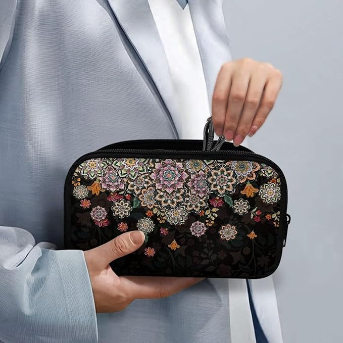 Boho Flower Print Electronic Organizer Travel Universal Accessories Storage Bag Portable for Hard Drives, Cables, Memory Sticks, Charger, Phone, USB, SD Cards