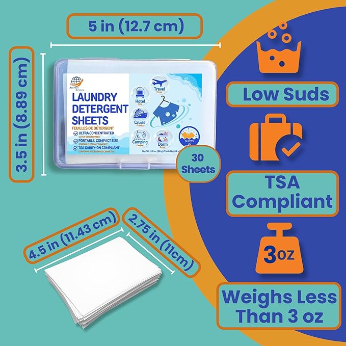 Travel Laundry Detergent Sheets for Hand or Machine Wash and Travel Clothesline – Compact Sink Washing Detergent & Indoor Outdoor Drying Line for Hotels, Cruises & Camping