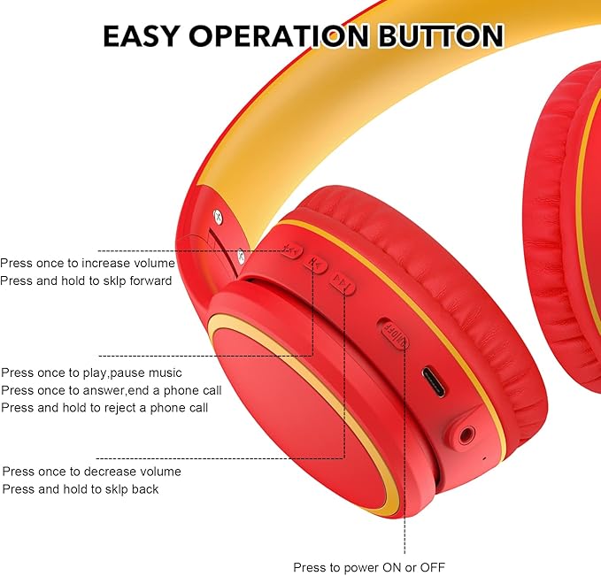 B10 Wireless Bluetooth Over-Ear Headphones, Lightweight Folding Stereo Bass Headset with Mic, 50H Playtime, Volume Control, Bluetooth 5.3 Headphones for iPad/Travel/Tablet/PC (Red)